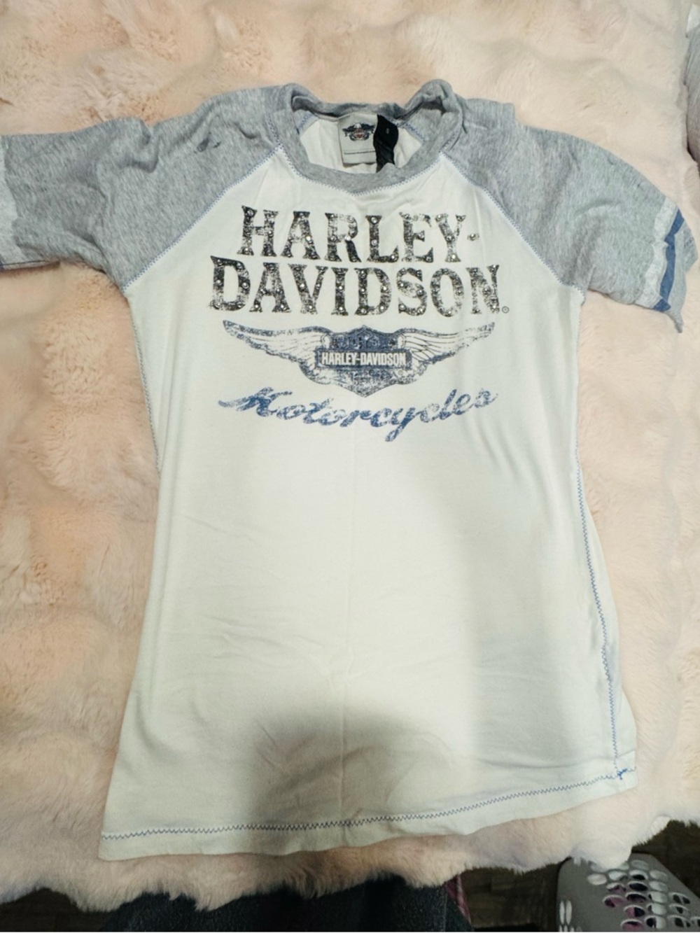 Harley-Davidson White and Gray Raglan Short Sleeve Tee
